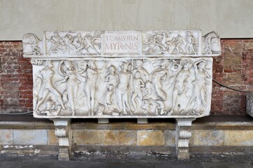 Tomb sculptures in the Monumental Cemetery at the Leaning Tower of Pisa