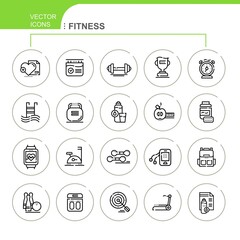 Fitness. Set of vector, linear, flat icons. The set contains icons such as pool, exercise equipment, diet and others.
