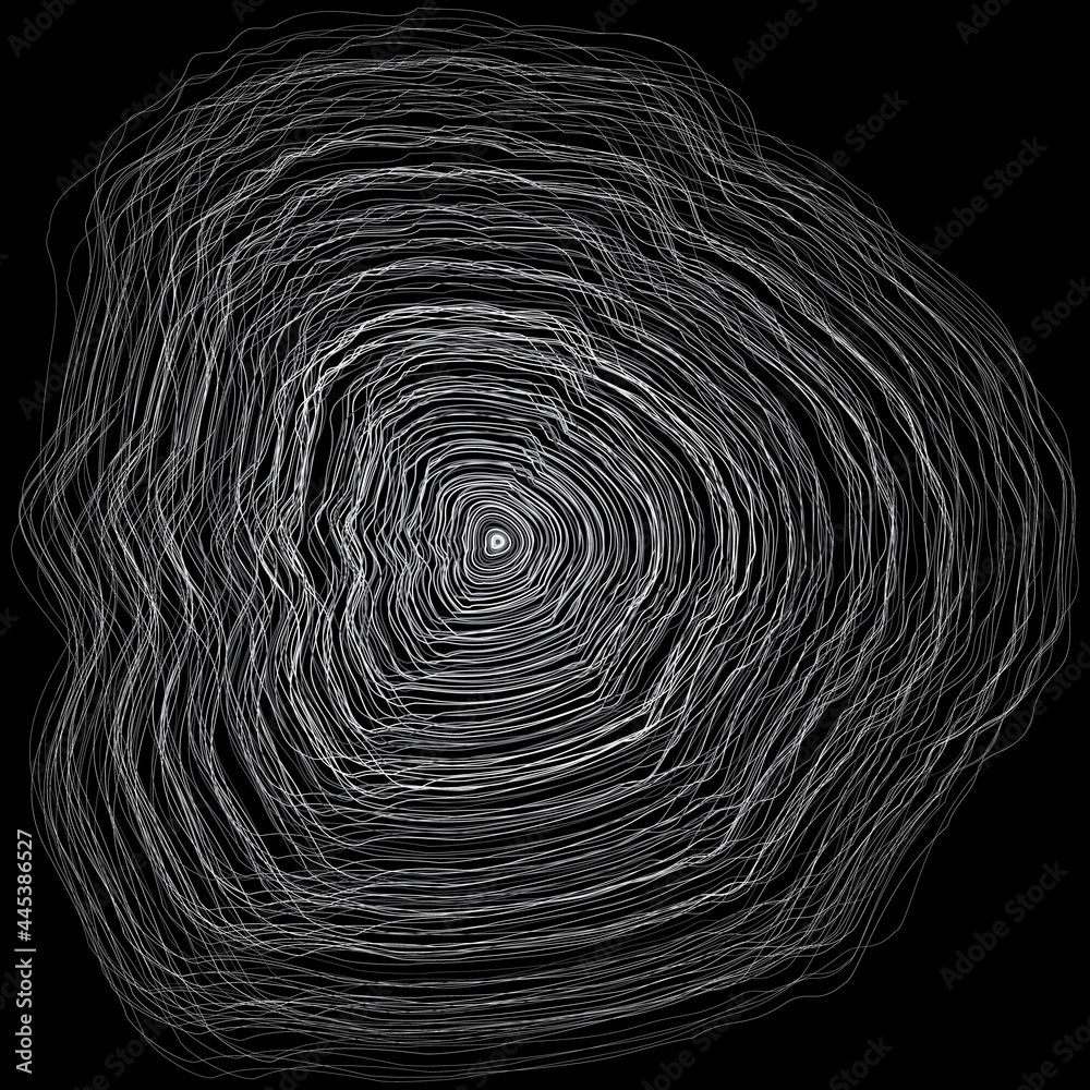Poster abstract white circular curved lines like tree rings on black background.