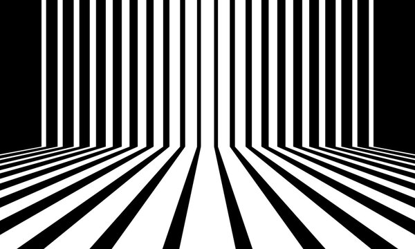 Black and white parallel stripes background like 3D form. Room interior vintage with wall and floor line design.