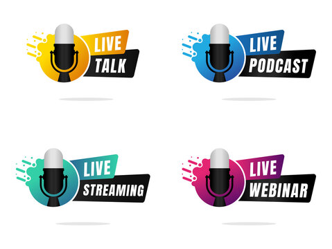 live webinar logo bundle with microphone isolated on white.video internet conference icon and button. internet live streaming on podcast program. telecommunications, remote network, digital education