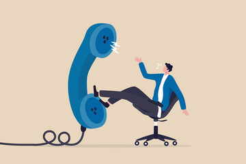 Job interview via phone call or conference meeting on telephone concept, smart confidence businessman job candidate answer interview questions with big telephone from recruiter or employer.