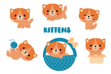 A set of cute red kittens in a cartoon doodle style