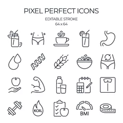 Foto op Plexiglas Weight loss, healthy nutrition and calorie counting related editable stroke outline icons set isolated on white background flat vector illustration. Pixel perfect. 64 x 64. © lanastace