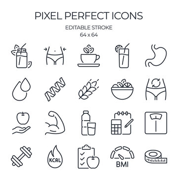Weight loss, healthy nutrition and calorie counting related editable stroke outline icons set isolated on white background flat vector illustration. Pixel perfect. 64 x 64.
