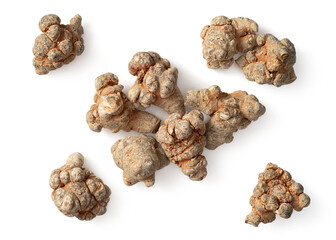 Dried Panax notoginseng roots isolated on white, top view
