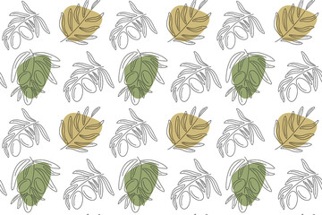 Seamless pattern with olives and leaves. Simple minimalistic pattern of fabric and wallpaper with elements of nature and botany.