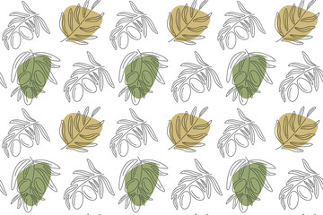 Seamless pattern with olives and leaves. Simple minimalistic pattern of fabric and wallpaper with elements of nature and botany.