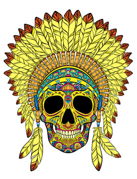 Skull with ornaments and native indian war bonnet yellow and orange colors