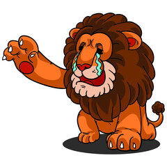 Cartoon lion crying and reaching hands out