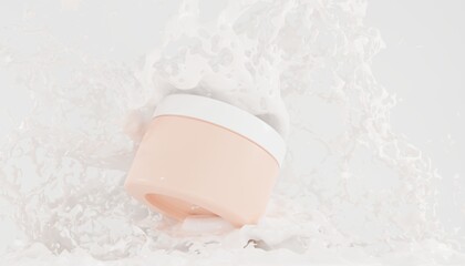Cosmetics bottle with milk splash and drops, 3d mock up banner. Skin care beauty product, falling jar cream or body lotion in stream wave liquid. Empty beige container on white texture background