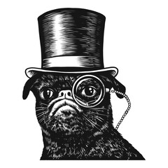 Pug dog in top hat black and white vector illustration