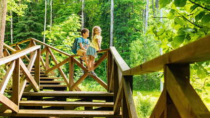 Fototapeta na wymiar Children observe wild animals in the reserve sitting on the railing of the equipped tourist route. Family travel vacation concept. Kids travel to family camping. Atmospheric photo for travel brochures