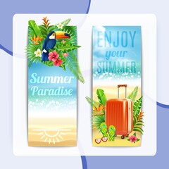 Travel vertical banners set with vacation suitcase exotic leaves and toucan bird isolated vector illustration