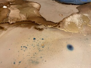 Abstract brown art with blue and gold — beige background, beautiful smudges and stains made with alcohol ink and golden paint. Blue fluid texture resembles tree bark, landscape, watercolor, aquarelle.