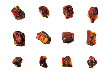 Red hot coal stones set isolated white, burning natural black charcoal pieces texture, flaming...