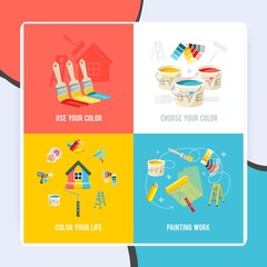 Painting work design concept set with color supplies and equipment flat icons isolated vector illustration