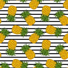 Cartoon juicy yellow Pineapple seamless pattern. Summer tropical exotic Fruit. Natural vegetarian healthy sweet food. Striped vector texture, background for fabric, textile print, package, wrapping