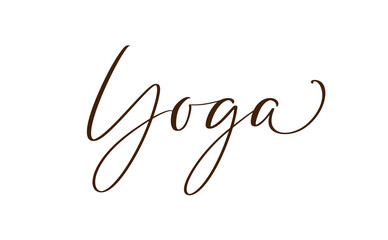 Vector lettering illustration text Yoga logo. Calligraphy letters isolated on white background. Concept of logotype, banner, greeting card. Healthy lifestyle, sport, meditation. Poster for yoga class