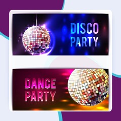 Disco party with glass ball spheres banners horizontal set isolated vector illustration