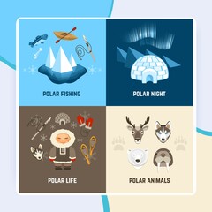 Chukchi design concept set with polar night fishing animals and life flat icons isolated vector illustration