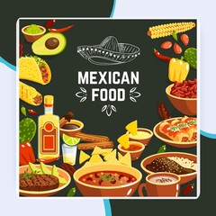 Mexican food background with traditional spicy meal and chalkboard hat vector illustration