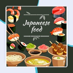 Japanese food poster with sushi rolls sashimi noodle and rice vector illustration