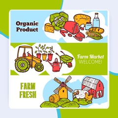 Agriculture hand drawn horizontal banner set with organic farm products elements isolated vector illustration