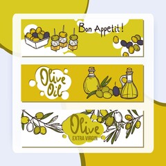 Olive vegetable and oil hand drawn horizontal banners set isolated vector illustration