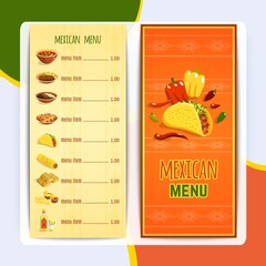 Mexican restaurant menu template with traditional spicy food cuisine vector illustration