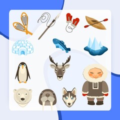 Chukchi and north animals decorative icons set with husky deer bear dog isolated vector illustration