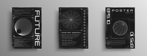 Set of retrofuturistic posters with HUD elements, radial figure, polar grid, and wireframe 3d sphere. Black and white retro cyberpunk style poster cover design. Vector