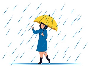 Woman with umbrella rain puddles enjoying autumn days. Woman in raincoat walking down the street. Girl umbralla walking under the rain.