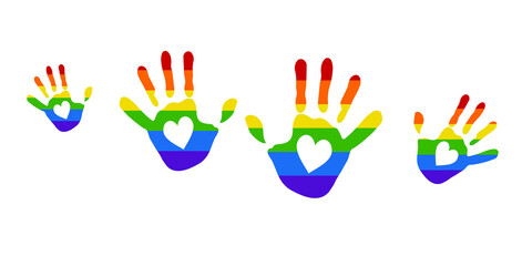 The icon of hands and hearts of various sizes and color tones of the spectrum, as the unity of all sexual minorities. LGBT for lesbian, gay, transgender and bisexual people.