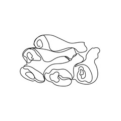 Chicken drumstick continuous line drawing. One line art of meat products, fresh chicken, raw meat.