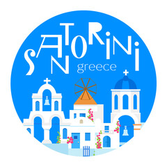Obraz premium Santorini island, Greece. Beautiful traditional white architecture and Greek Orthodox churches with blue domes. Vector flat illustration. Round souvenir magnet.