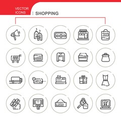 Shopping. Set of vector, linear, flat icons. The set contains icons such as shop, payment, discounts and others.
