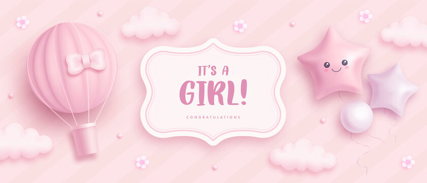 Baby shower horizontal banner with cartoon hot air balloon, helium balloons and flowers on pink background. It's a girl. Vector illustration