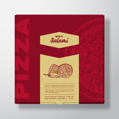 Pizza with Hot Salami Sausage Realistic Cardboard Box Mockup. Abstract Vector Packaging Design or Label. Modern Typography, Sketch Food and Color Paper Background Layout. Isolated