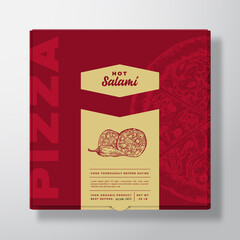 Pizza with Hot Salami Sausage Realistic Cardboard Box Mockup. Abstract Vector Packaging Design or Label. Modern Typography, Sketch Food and Color Paper Background Layout. Isolated