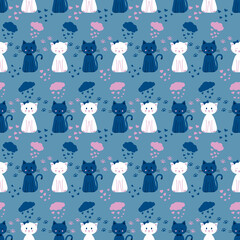 Seamless pattern with funny cats, clouds and hearts on a blue background. Vector illustration.
