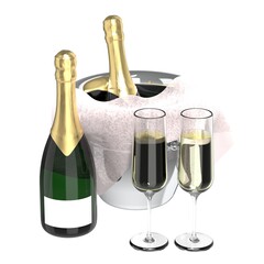 Two Glasses Of Champagne With Bottle 