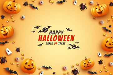 Halloween Greeting Card With Creepy Bats Pumpkins_3