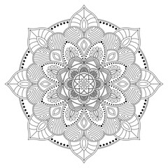 Black and white Flora Mandala for coloring. tattoo, decoration. Folk, meditation design. Curved shape. Outline doodle vector illustration.