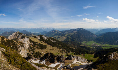 Fototapeta na wymiar Panorama view of Wendelstein mountain, Mangfall, in Bavaria, Germany