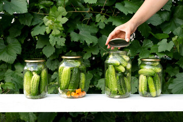 A woman closes a lid on cucumbers in a jar for preserving vegetables in a marinade. Four cans of...