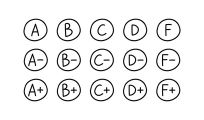 Exam results icons set. Vector illustration. Latters, pluses and minuses in black circle handwritte.