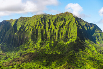 Steep mountains covered in green in Hawaii - obrazy, fototapety, plakaty