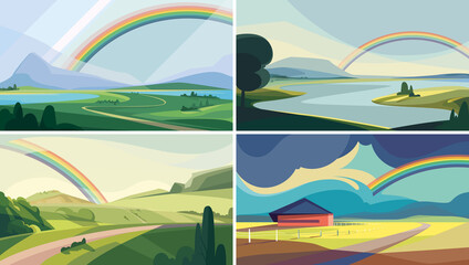 Collection of landscapes with rainbow. Beautiful natural sceneries.