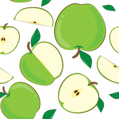 Seamless pattern green apple fruits isolated on white background
